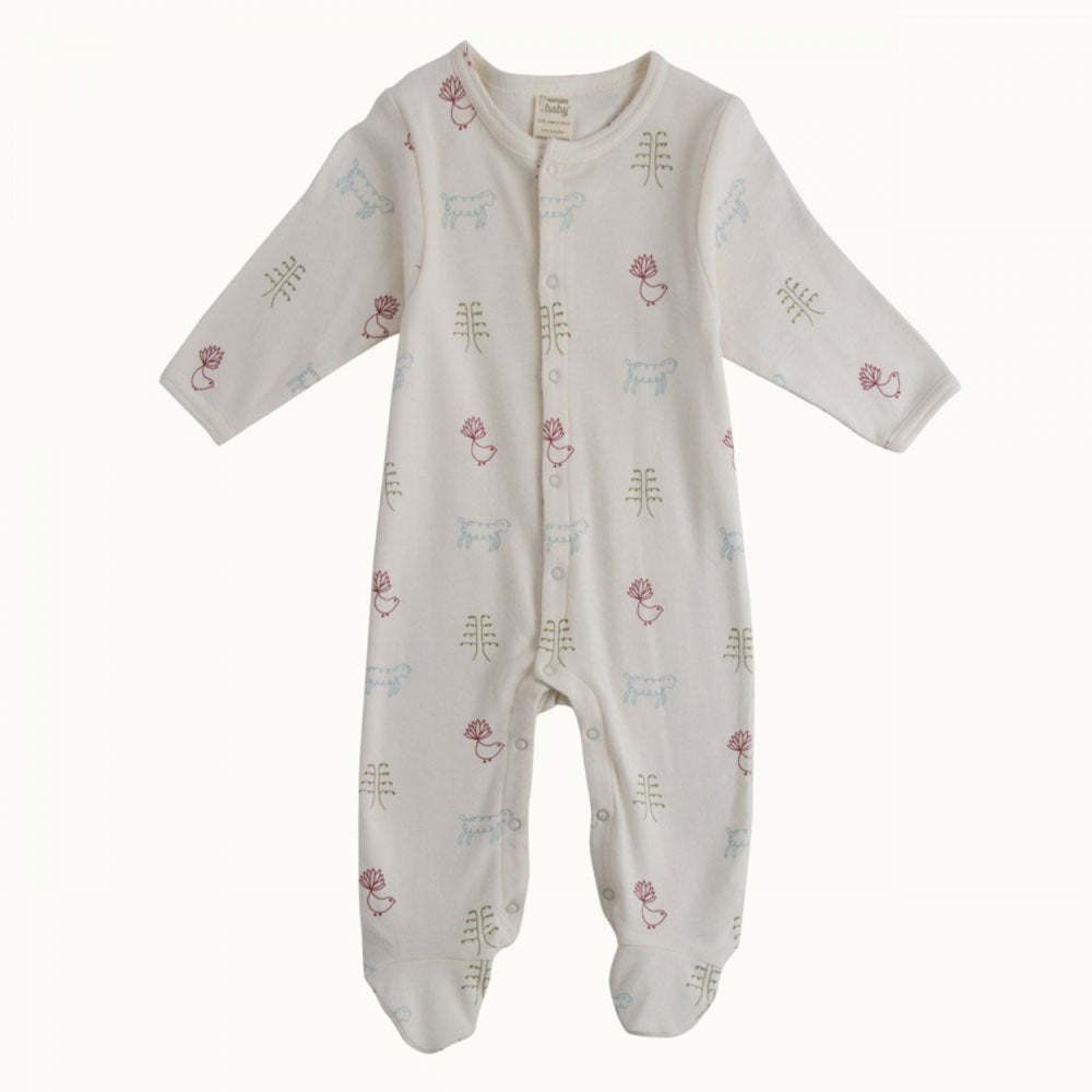 White Baby footed cotton onesie with native new zealand animal patterns on a white background