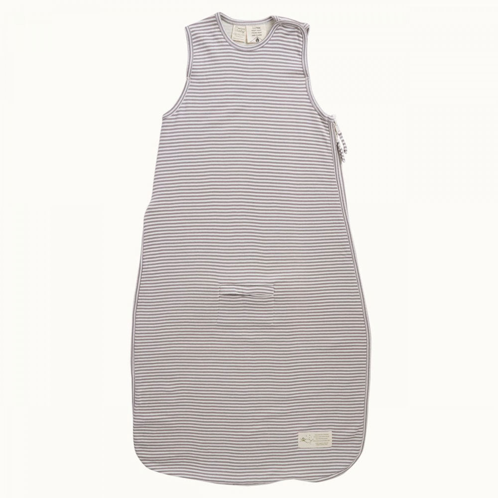 Grey and whte striped baby sleeping bag without sleeves and a double zip on the side against a white background