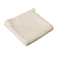A folded cream-colored cotton towel with a small hanging loop, shown on a solid white background.