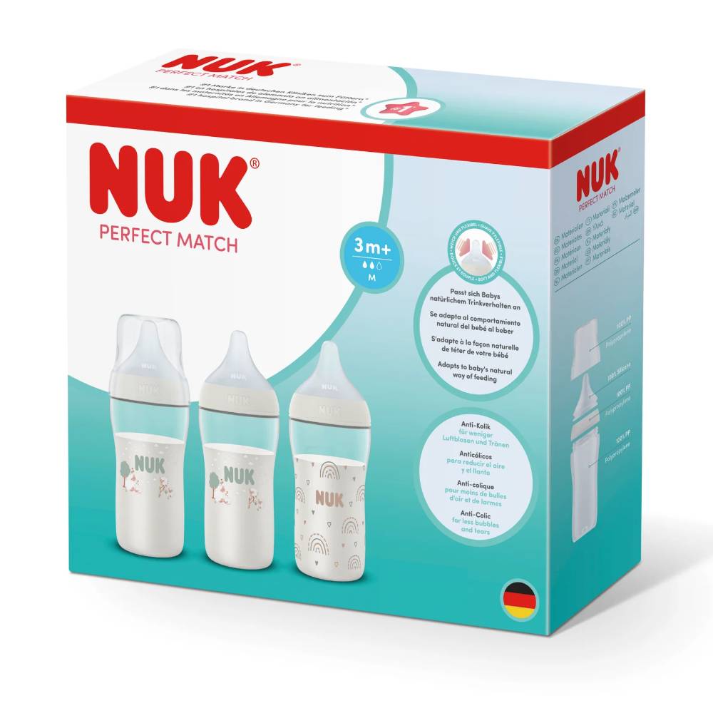 A boxed set of NUK Perfect Match baby bottles in a 3-piece pack, shown in its retail packaging on a clean white background.