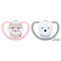 Two pacifiers with animal face designs on a white background. The left pacifier has a pink heart-shaped shield and a gray cat face.