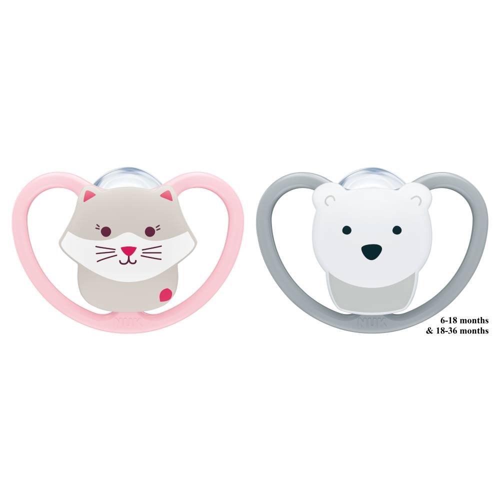 Two pacifiers with animal face designs on a white background. The left pacifier has a pink heart-shaped shield and a gray cat face.