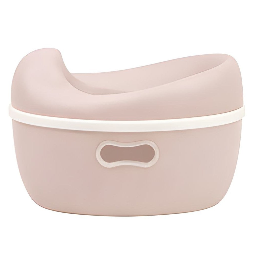 Beige baby potty with a white rim on a white background