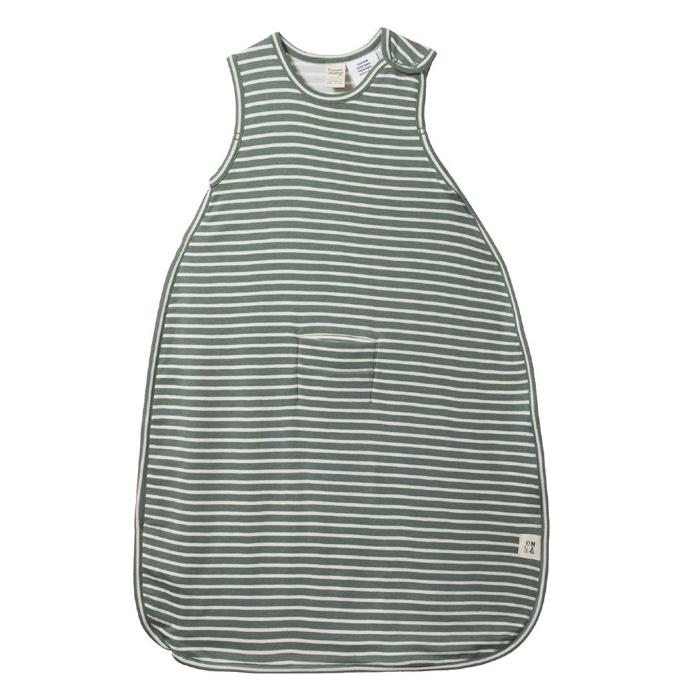 Green and white striped baby sleeping bag with shoulder domes on the right hand side and nature baby calico tag on a white background