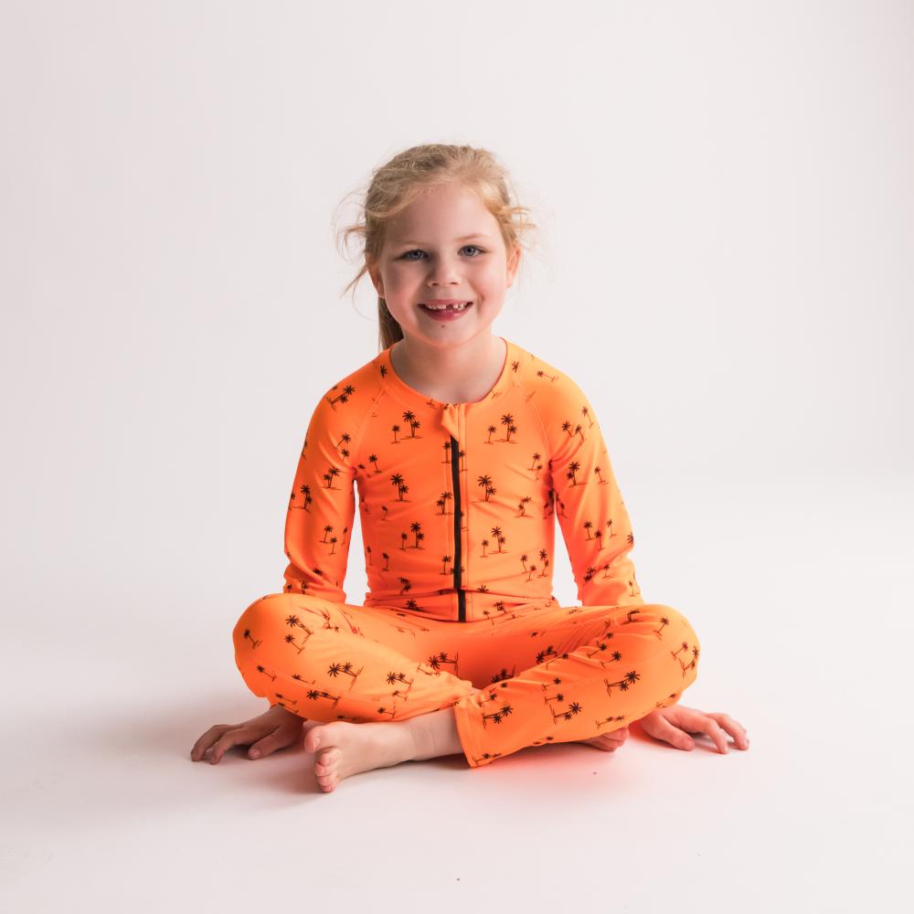 Neon Full Length Swimsuit Half Zip - Orange Palms