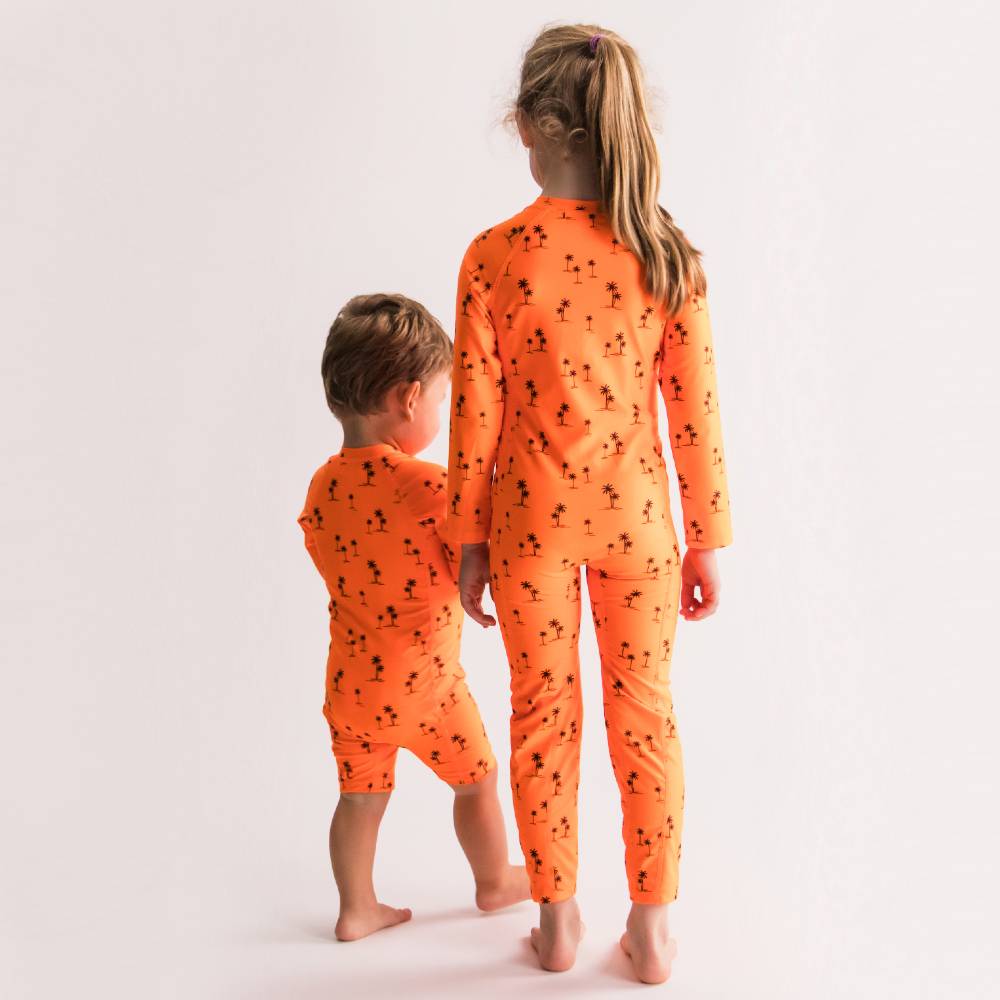 Neon Full Length Swimsuit Half Zip - Orange Palms