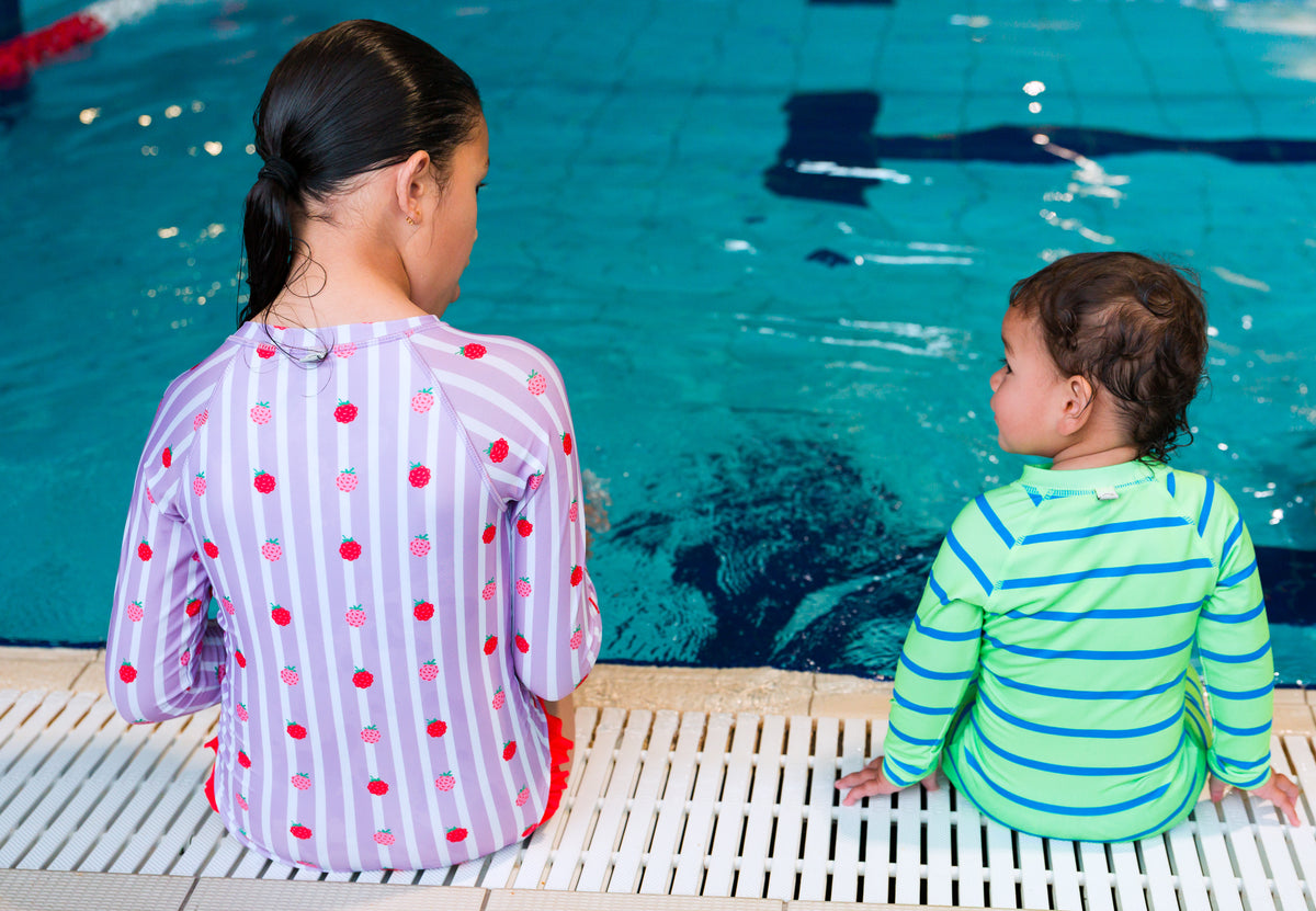 Neon Sleeved Girls Swimsuit - Striped Raspberries