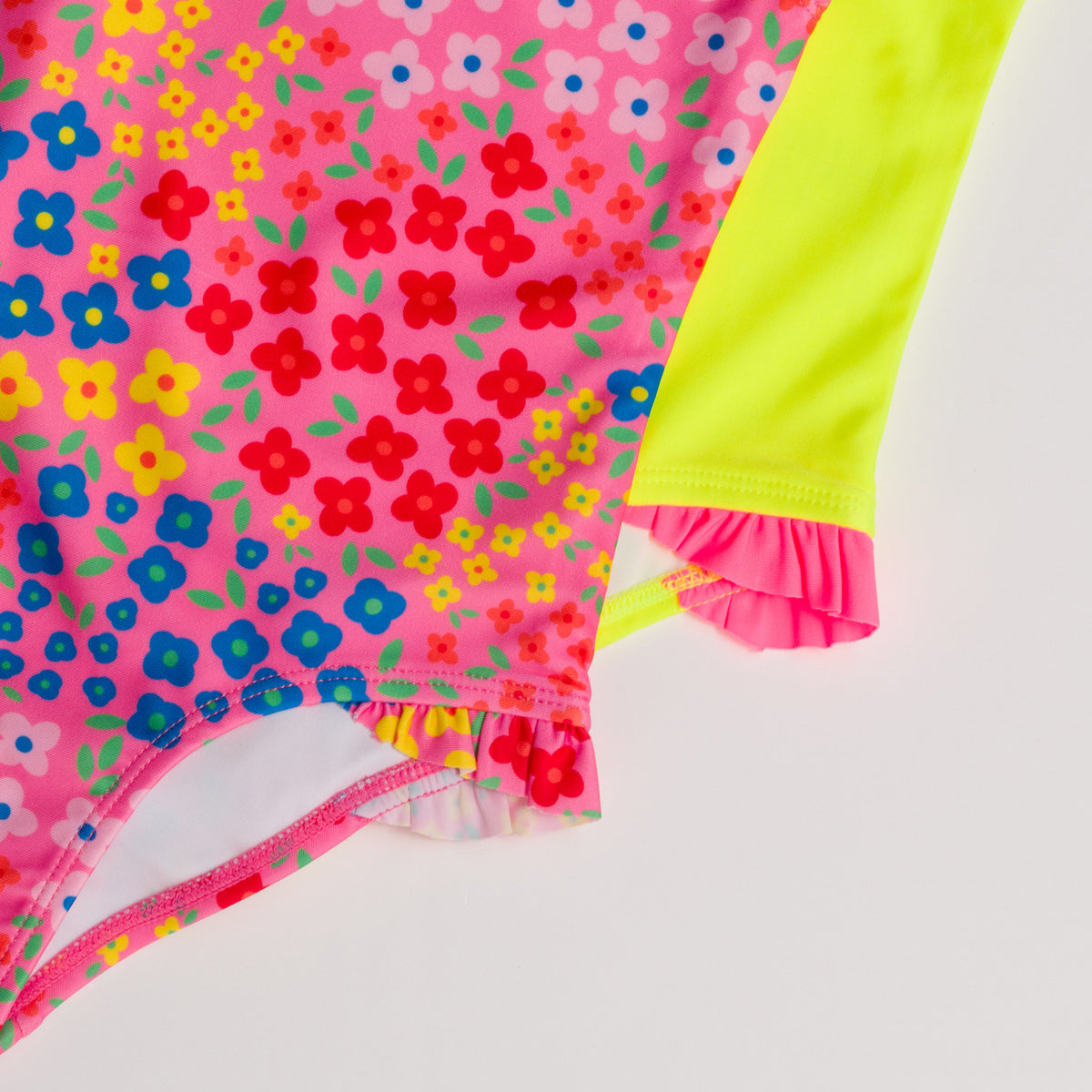 Neon Sleeved Girls Swimsuit - Hibiscus