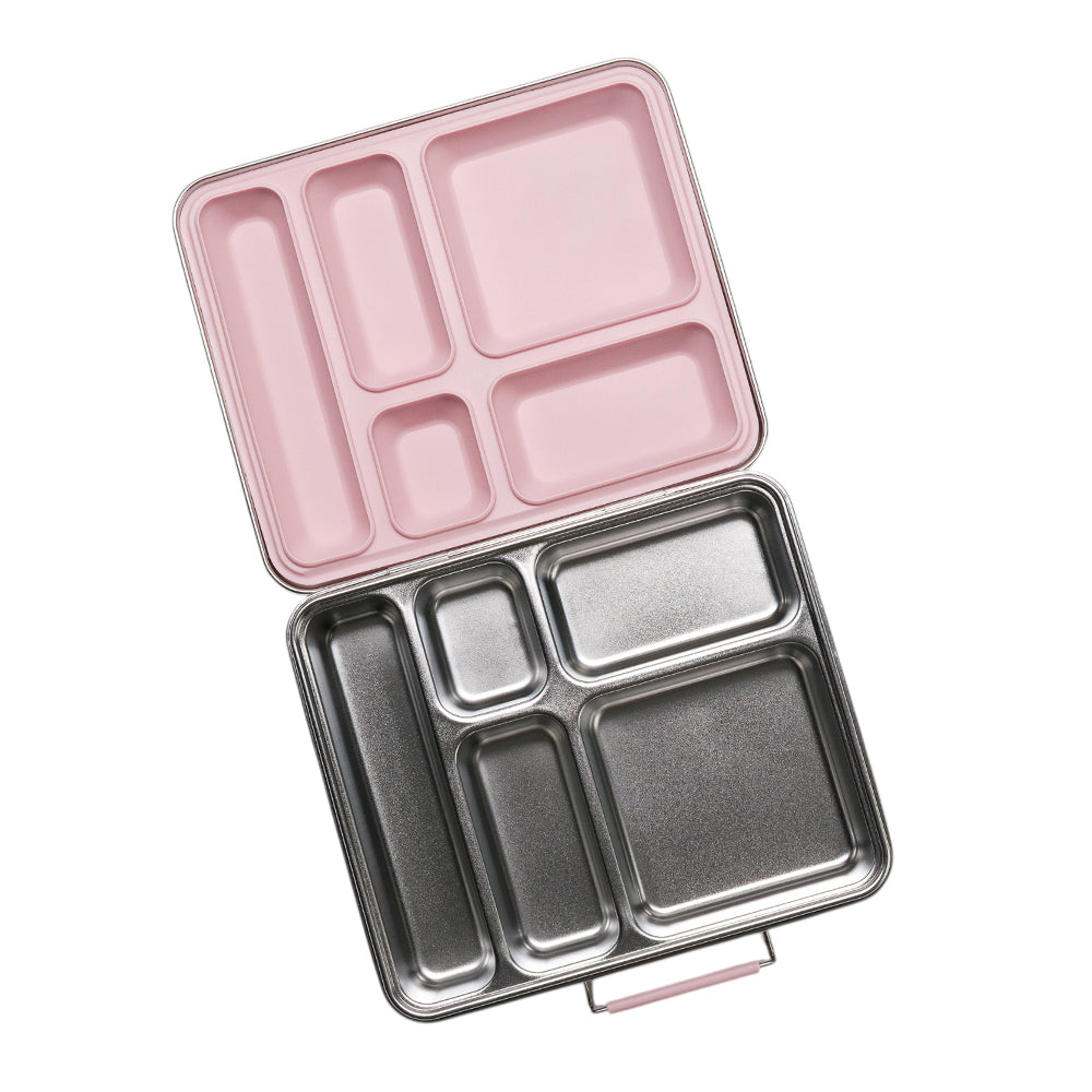 Pink and silver compartmentalized stainless steel large bento lunch box on a white background