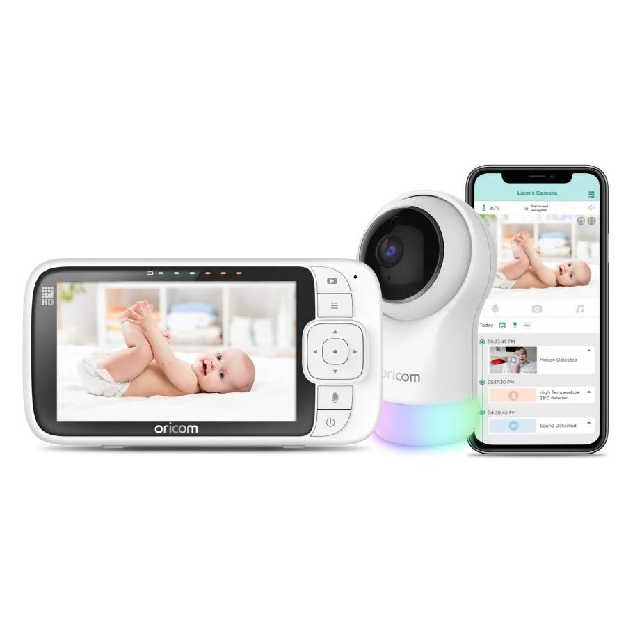 Oricom baby monitor with cam and phone dispaying the smart app. 