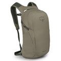 A tan colour backpack on a white background.