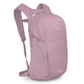 A pink backpack on a white background. 