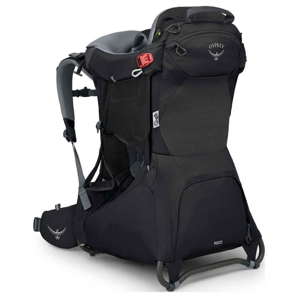 A black hiking carrier on a white background.