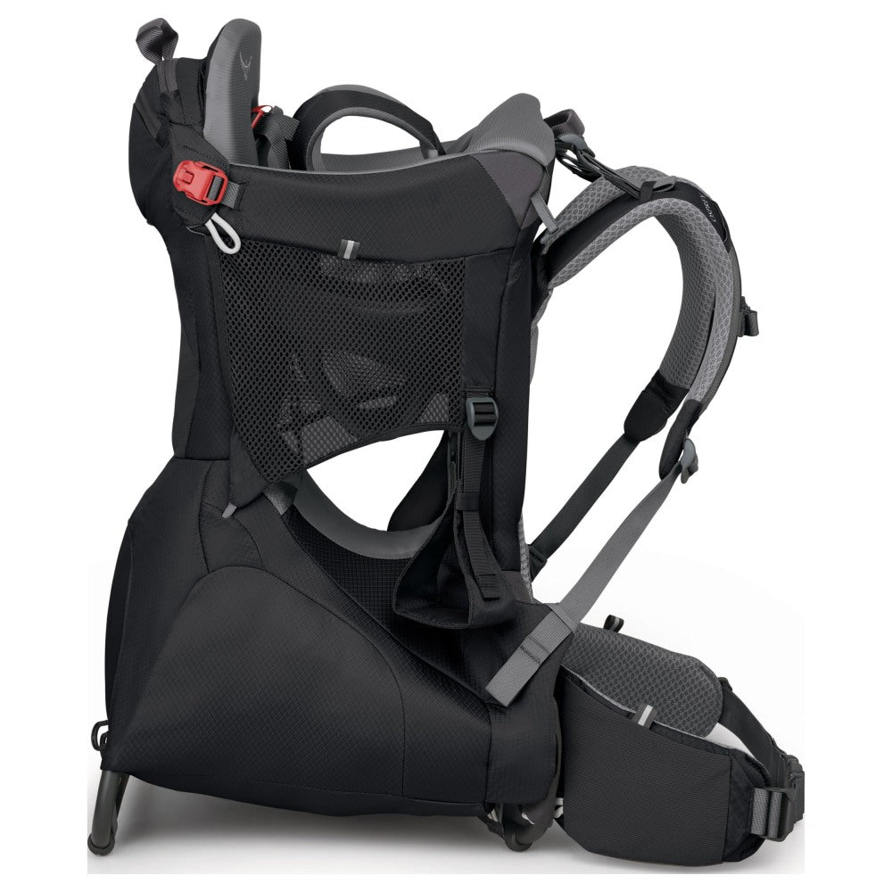 A side view of a black hiking carrier on a white background.