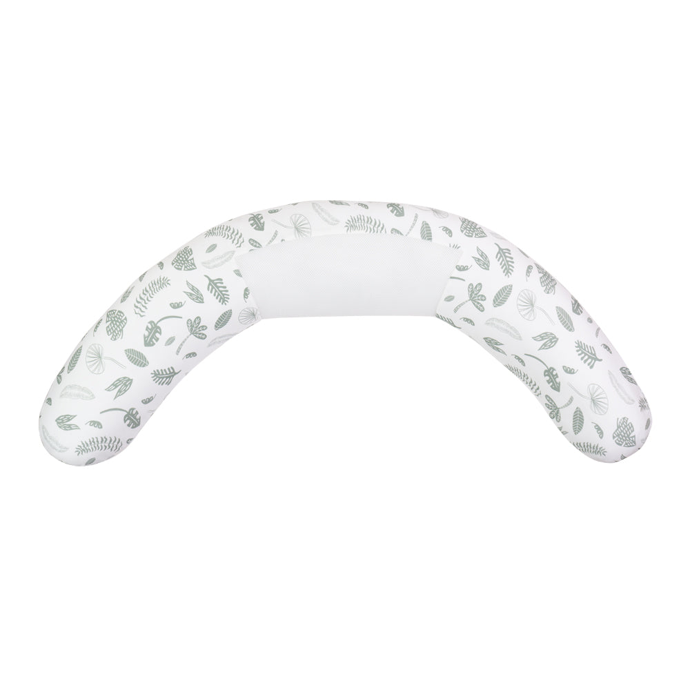 Purflo pregnancy and nursing pillow with green leaf pattern on a white background