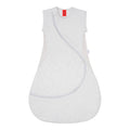 grey mesh cotton baby sleeping bag with a red tag on a white background