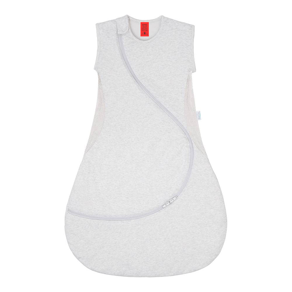 grey mesh cotton baby sleeping bag with a red tag on a white background
