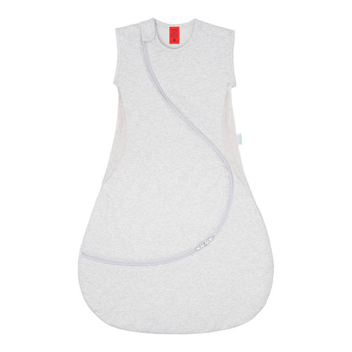 grey mesh cotton baby sleeping bag with a red tag on a white background