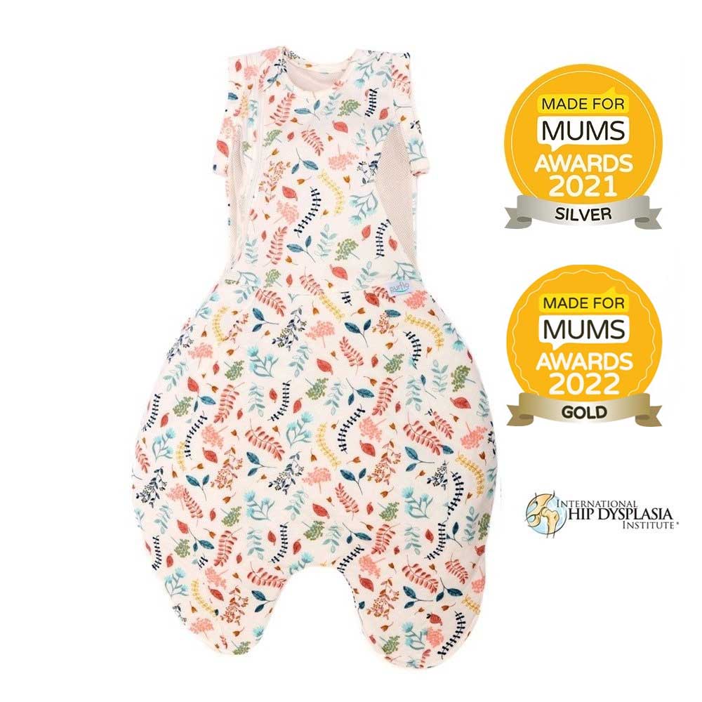 Baby swaddle bag with floral pattern and awards on a white background