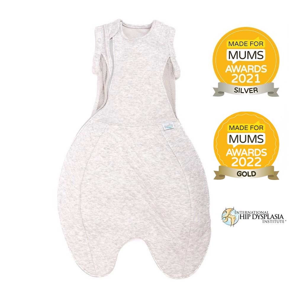 Baby swaddle bag with 'Made for Mums' awards on a white background