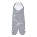 Gray baby travel blanket with white hood on a white background