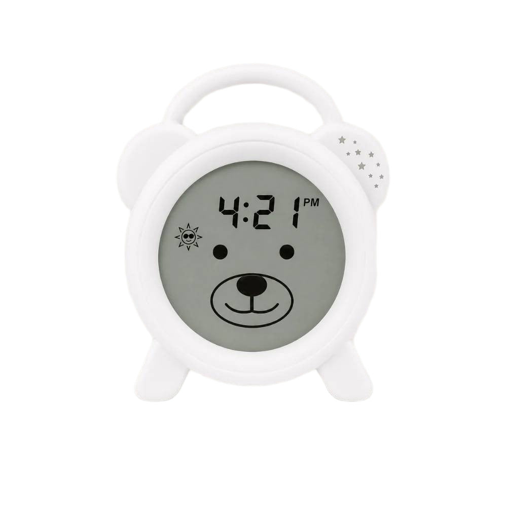A white bear-face digital sleep trainer clock with a gray face showing the time 4:21 PM and a bear face graphic, isolated on a white background.