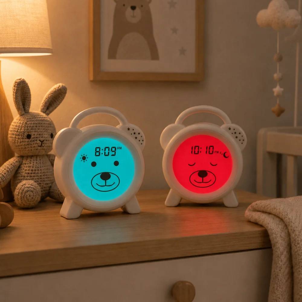 Two white bear-faced sleep trainer clocks with warm white LED lights, one glowing blue and one glowing red, placed on a wooden nightstand in a cozy child's bedroom next to a crocheted bunny toy.
