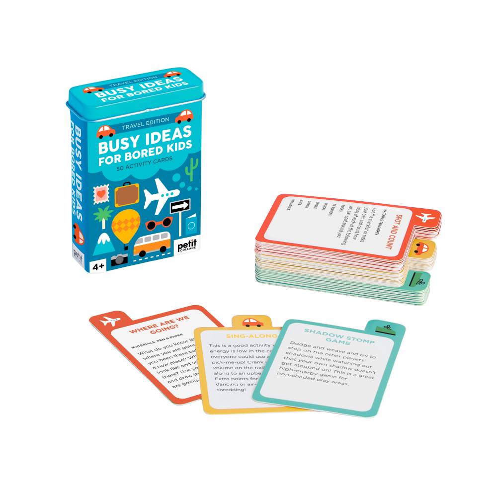 Petit Collage activity cards and tin against white background.