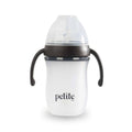 White baby bottle with black handles and a clear lid on a white background