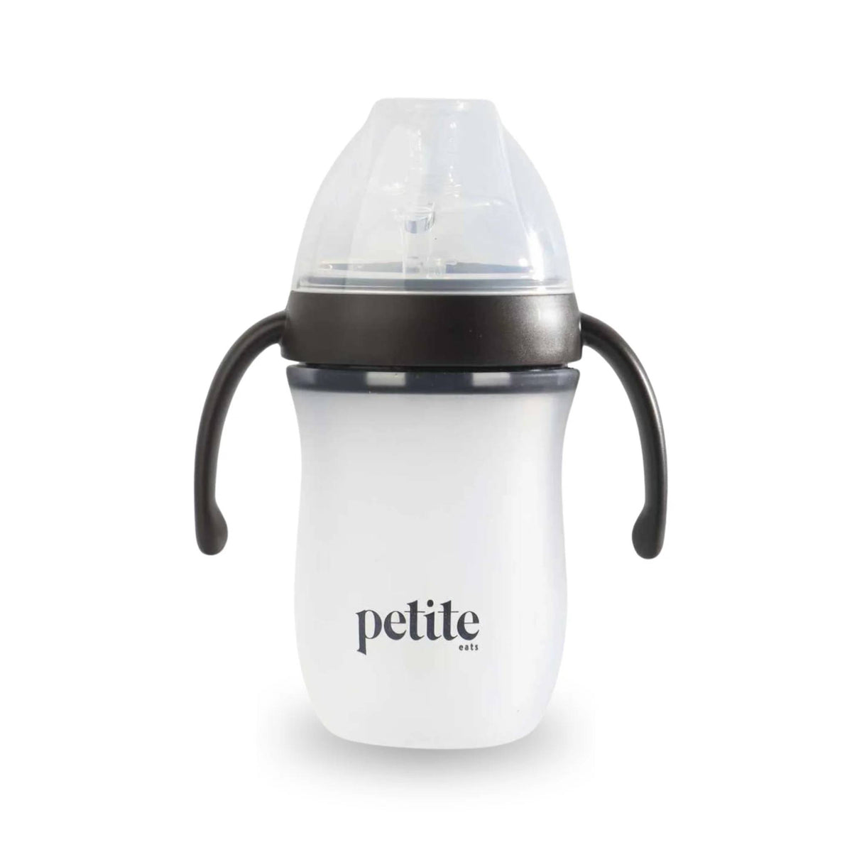 White baby bottle with black handles and a clear lid on a white background