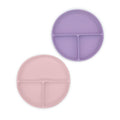Two round divided plates, one purple and one pink, on a white background.
