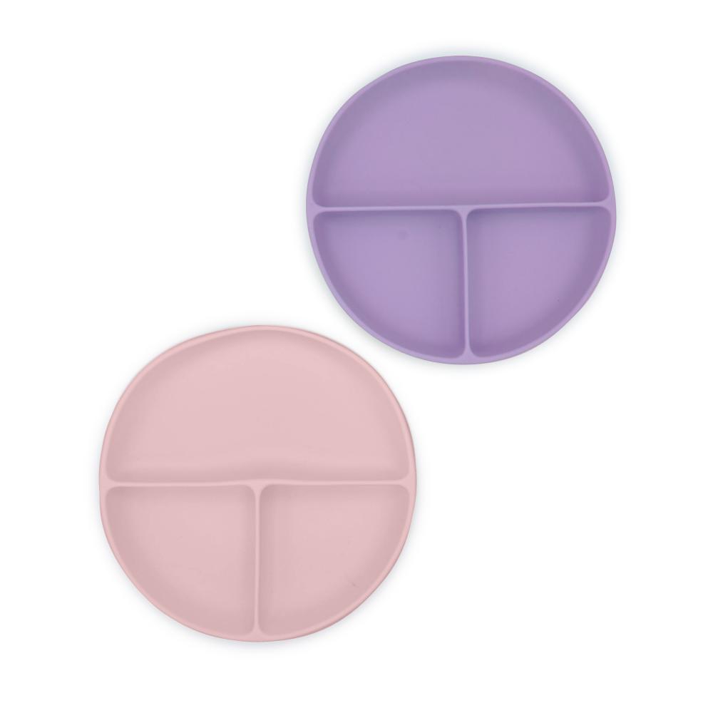 Two round divided plates, one purple and one pink, on a white background.