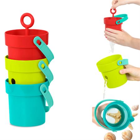 Blue, red and green Battat bath buckets against white background.