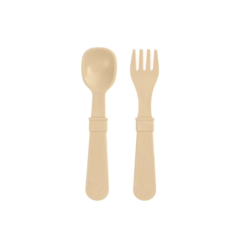 A Re-Play Fork and Spoon - Beige on a white background