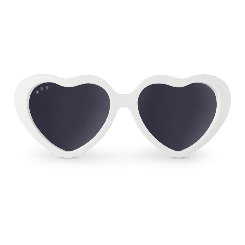 Heart-shaped sunglasses with a thick white frame and dark gray lenses, shown against a plain white background.