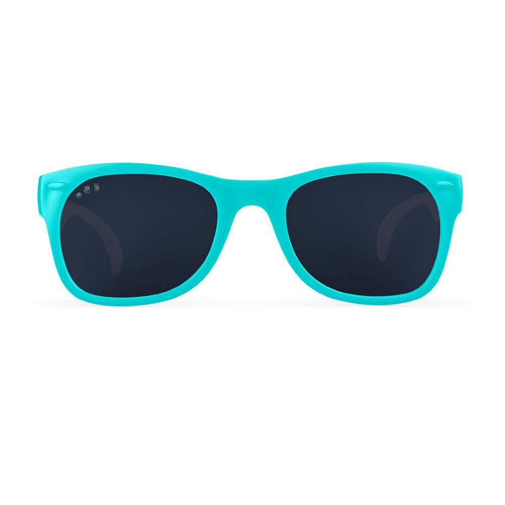 Turquoise sunglasses with dark lenses on a white background