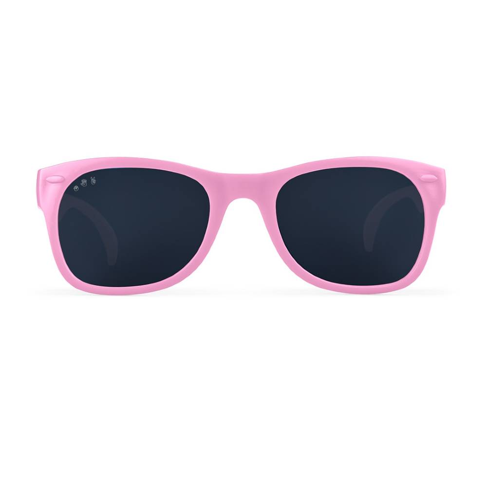Pink sunglasses with dark lenses on a white background