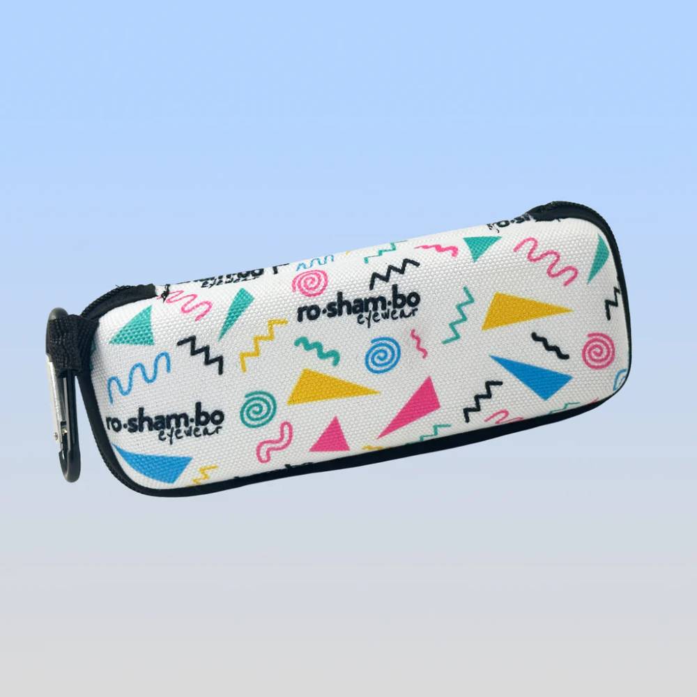 White Sunglasses case with colourful geometric patterns and 'ro sham bo' branding on a light blue background