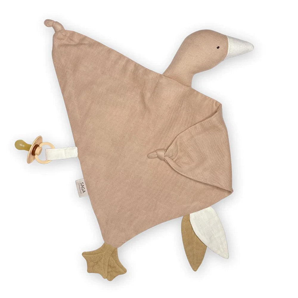 Brown Saga Copenhagen goose comforter against white background.