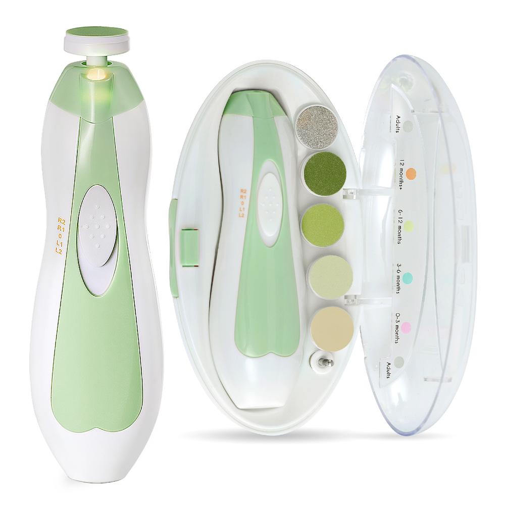 Green and white electric nail care set against a white background 