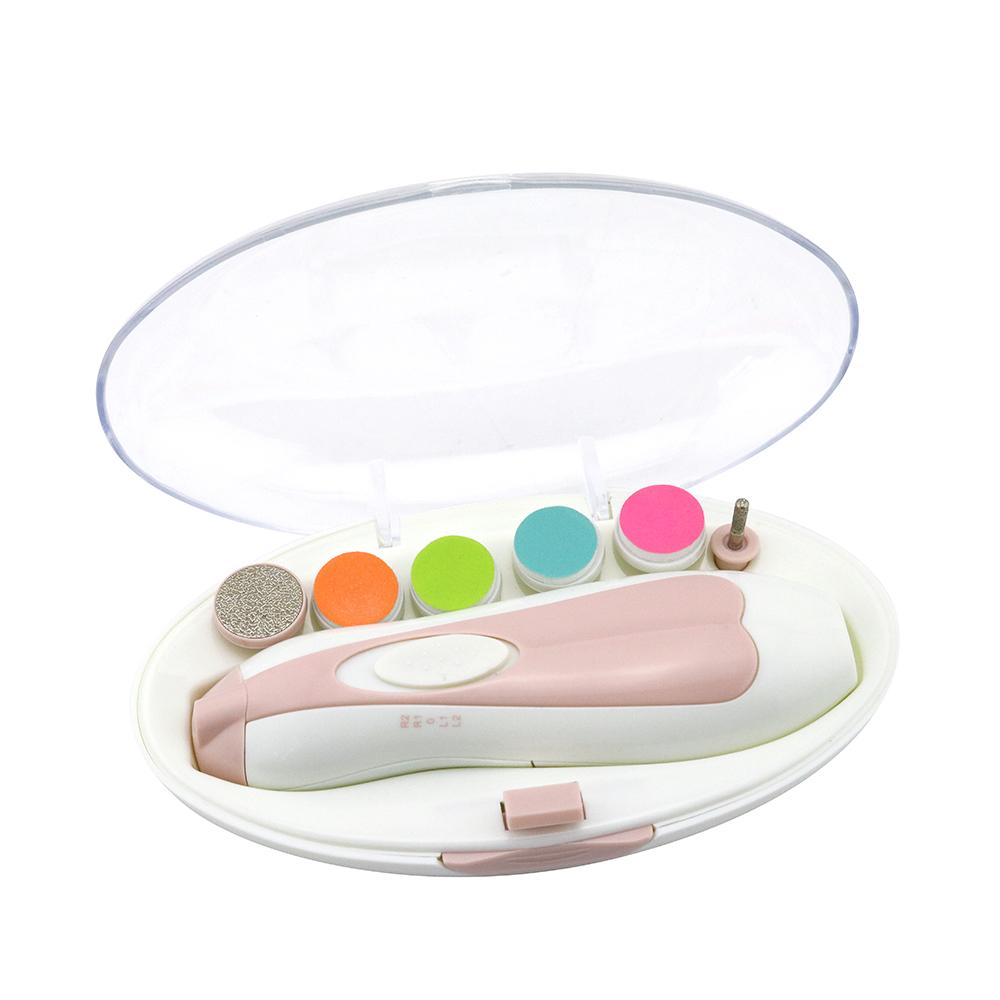 Pink and white electric nail care set on a white background 