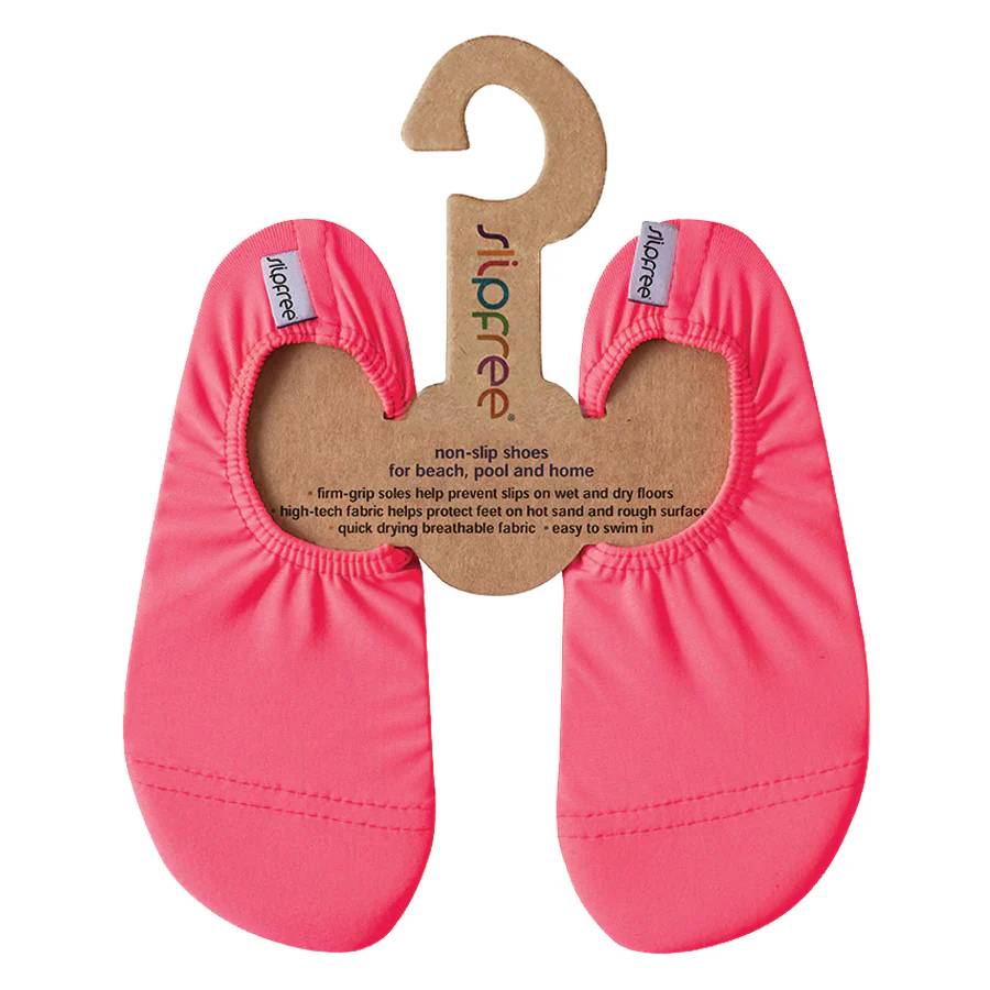 Neon Pink slip-free shoes on a hanger with product details and slipfree branding
