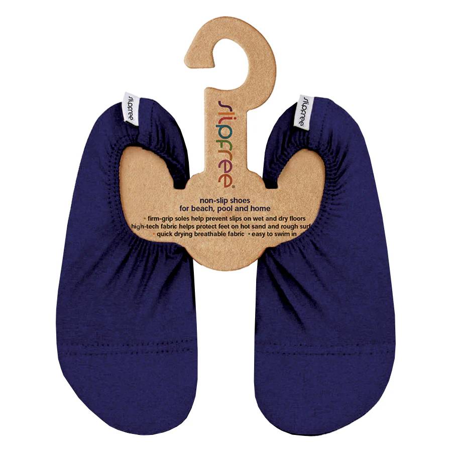 Pair of navy slip-free shoes on a hanger with slipfree branding on a white background