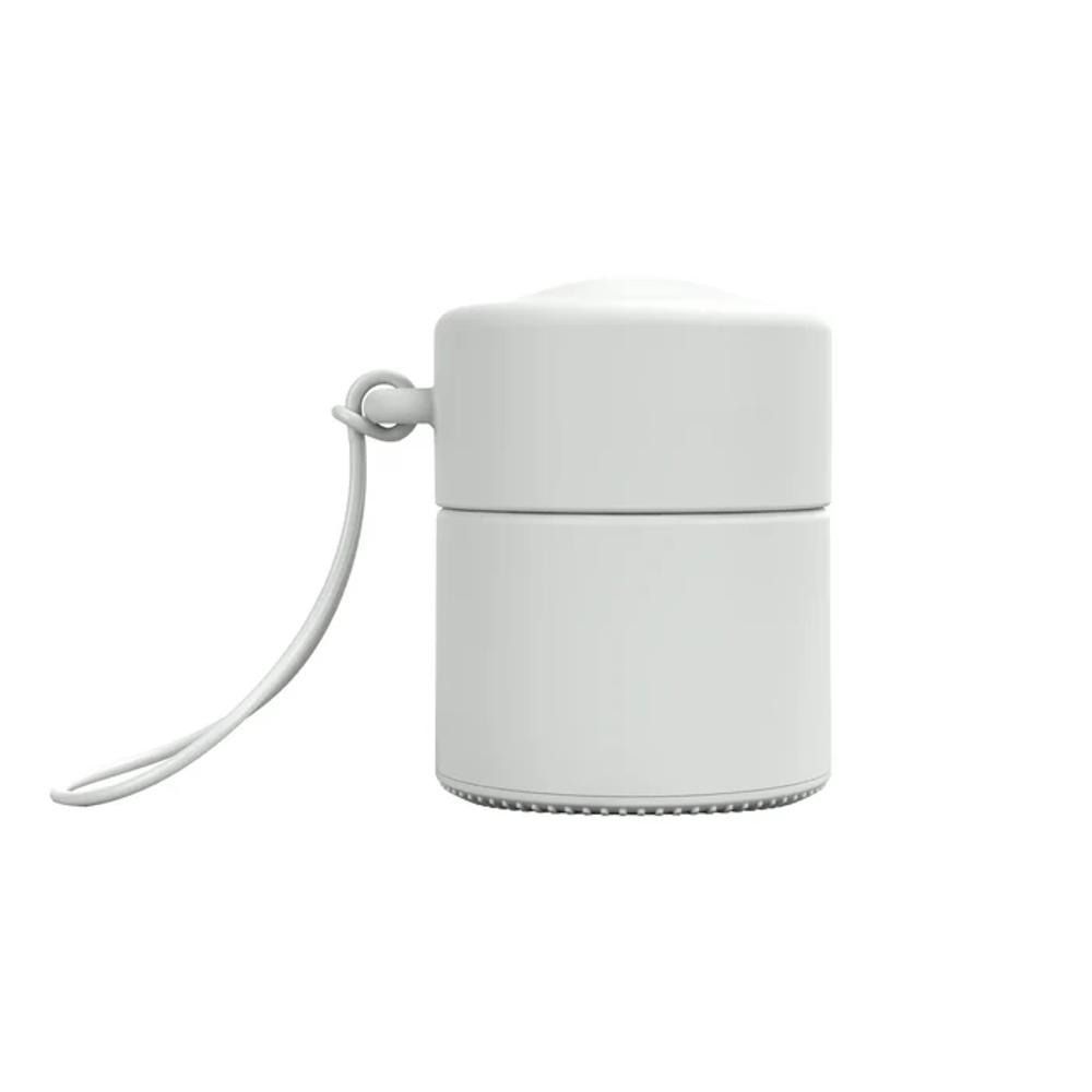White cylindrical sunscreen container with a strap on a white background
