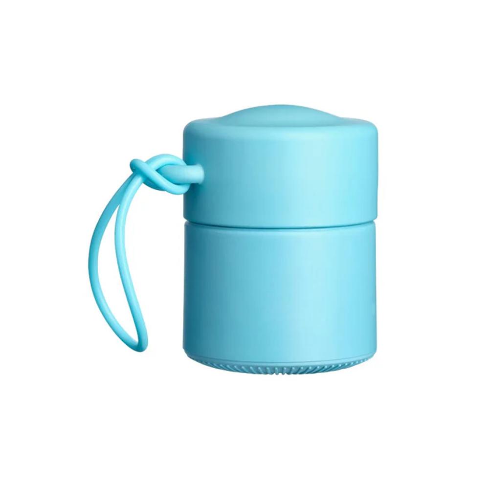 Light blue sunscreen container with a strap on a white background