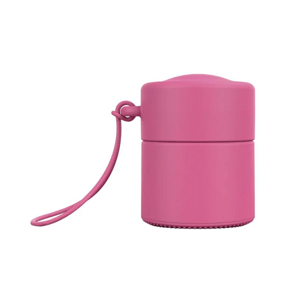 Pink silicone sunscreen container with a strap on a white background