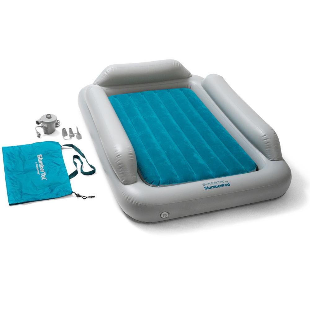 An inflatable camping air mattress with a gray inflatable frame and a bright teal blue quilted mattress pad, shown with its matching teal carrying bag, pump, and nozzle accessories on a white background.