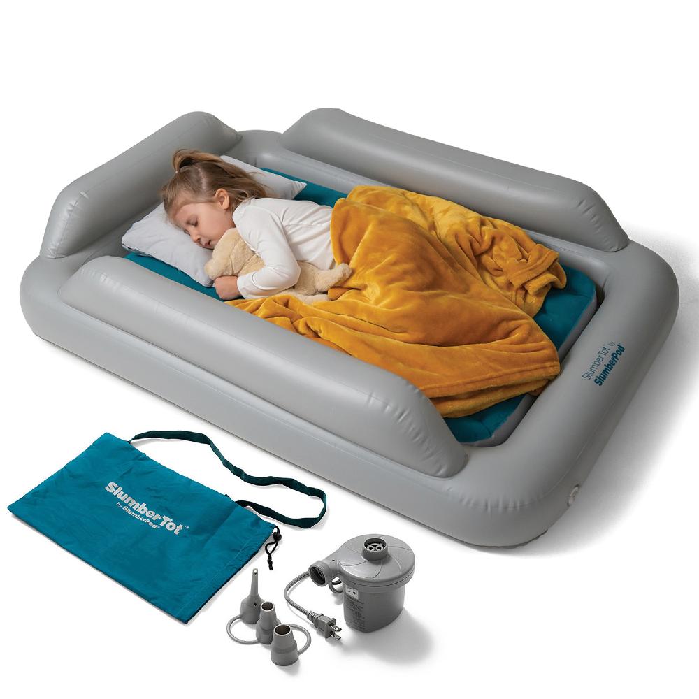 Inflatable sleeping pad with a child and teddy bear, accompanied by a pump and carrying bag on a white background.