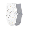 2 SwaddleMe Original swaddles, one with a space print and the other a solid grey colour, on a white background. 