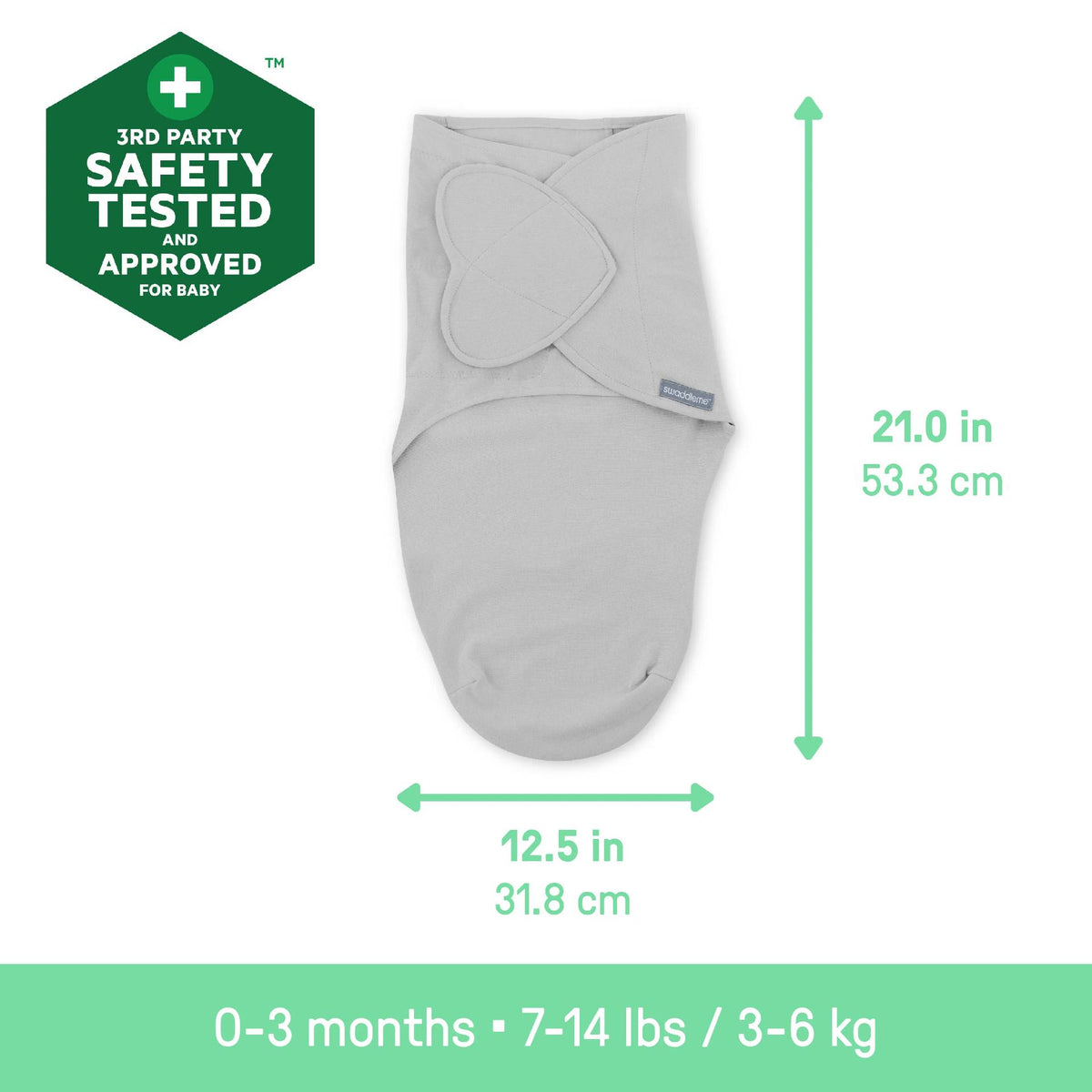 Size infographic for the SwaddleMe original 0-3 month swaddle. 